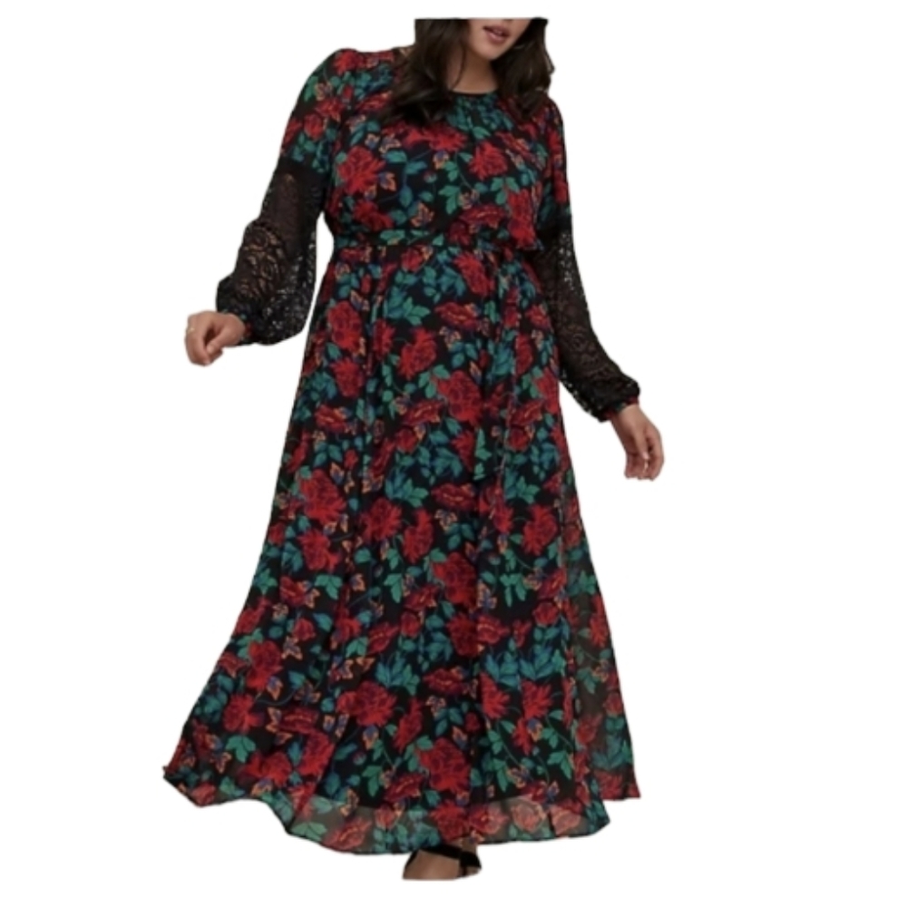 🥳Host Pick🥳🔖MAXI PEASANT DRESS - CHIFFON FLORAL BLACK  Torrid size 2.